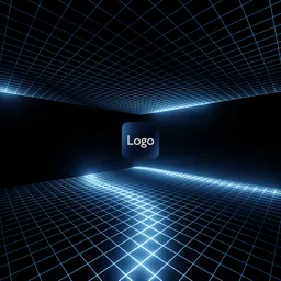 Glowing blue wireframe tunnel with central frame for logo reveal in a 3D Blender scene.