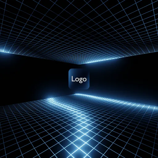 Glowing blue wireframe tunnel with central frame for logo reveal in a 3D Blender scene.