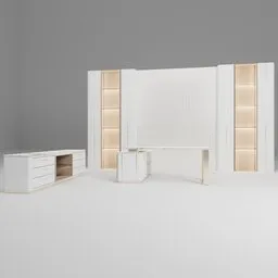 "Office V1 3D Model: Luxurious Executive Furniture with Back Wall and Chest of Drawers" - This Blender 3D model features white furniture inspired by Jiang Tingxi with golden ratio jewelry lights, perfect for an open office space. Rendered in high resolution, this unused design is suitable for 360 render panoramas.