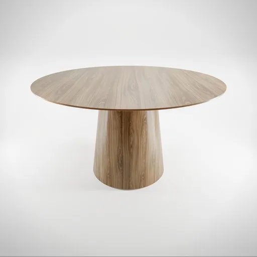 Elegant 3D-rendered round wooden table with smooth top and conical metal base, suitable for various interior settings.