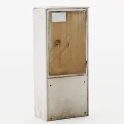 "High-resolution 3D model of an Electrical Junction Box for Blender 3D, featuring a small metal cabinet with a wooden door. This cityscape asset, suitable for urban environments, was created using Blender 3D software. Ideal for creating realistic scenes with broken vending machines, SCP-914, and a rusted texture, reminiscent of Robert Rauschenberg's art style."
