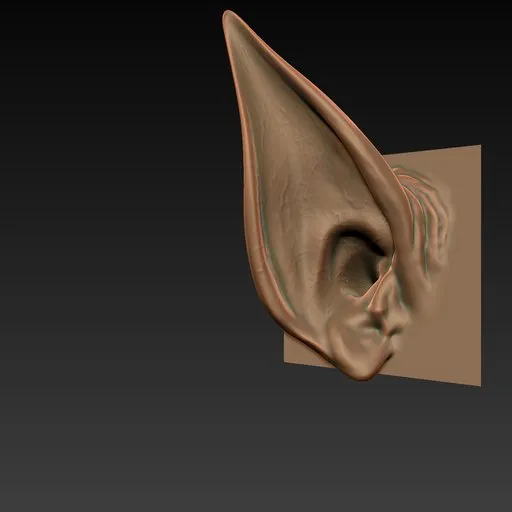 3D sculpting brush for creature ear detailing in Blender, showcasing intricate surface shaping for model enhancement.