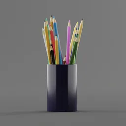 Realistic colored pencil set in holder, detailed textures, for Blender 3D graphics and animations
