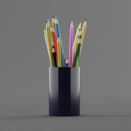 Realistic colored pencil set in holder, detailed textures, for Blender 3D graphics and animations