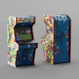 Low poly 3D model of a club game machine with vibrant, worn stickers, suitable for Blender animation and game design.