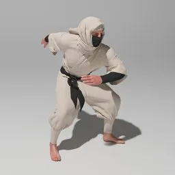 Alt text: 3D model of a ninja in action, performing a 360-degree jump rotation. Perfect for video game assets, with accurate skin textures and black and white clothing. Available for download in Blender 3D.