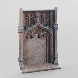 "Low-poly photo-scan of an intricately carved panel from a church pew, created with Blender 3D. Features gothic designs, cross hatch accents, and a slight ruination for an ominous aesthetic. Perfect for medieval art and architecture projects."