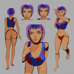 Rigged 3D anime style female character with toon shading, multiple poses, for Blender.