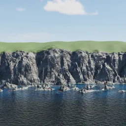 Customizable 3D cliff by water with grassy top for Blender artists.