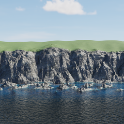 Customizable 3D cliff by water with grassy top for Blender artists.