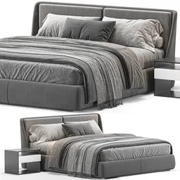 "Bed Bend By Ditre Italia 3D model for Blender 3D featuring a grey bed with pillows and a tired appearance. The model includes glass and metal elements, with full render views and high-definition details. Perfect for interior design projects. Available in Blender format with unwarp option and properly-scaled units."