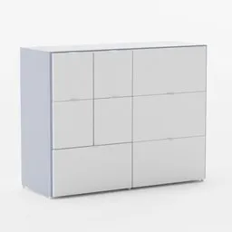 "Visthus Ikea Wardrobe 3D Model - White and Blue Dresser with Drawers, Modular Constructivism design, created with Blender 3D software. Instructions from Latvian Ikea Store. High-quality PS5 render quality, perfect for 3D modeling projects."
