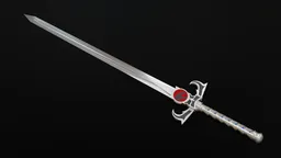 Detailed 3D model of a replicated silver sword with ornate guard and scabbard, compatible with Blender 3D software.