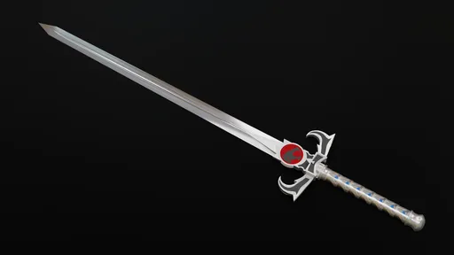 Detailed 3D model of a replicated silver sword with ornate guard and scabbard, compatible with Blender 3D software.