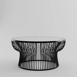 "Minimalist circular coffee table 3D model for Blender 3D with a metal frame and glass top. Unique design featuring intricate lines and black vertical slatted timber. High-resolution product photo included. "