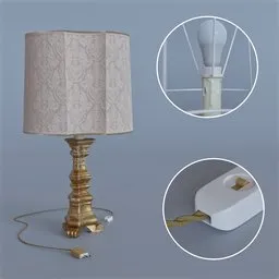"Vintage-style table lamp with damask hat and woven electric cord, modeled in Blender 3D. This V-ray collection design features baroque gold accents, inspired by Mykola Burachek and trending on Artforum. Includes ties for easy cord placement."