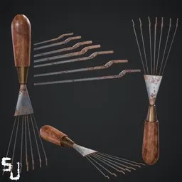 3D Blender model showcasing a set of garden tools with realistic wood, steel, and copper textures, ideal for gardening visuals.