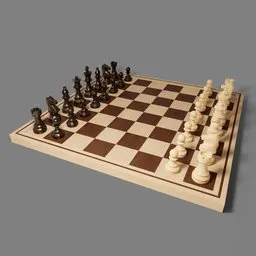 "A high-quality 3D model of a wooden chess board with intricately designed pieces, created in Blender 3D. The board and pieces are displayed on a mahogany desk and rendered using Octane. Perfect for tactical warfare enthusiasts, available at the official store. "