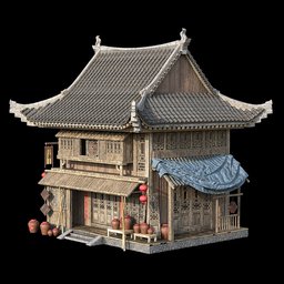Detailed 3D model of an intricately designed ancient Chinese hotel with high-resolution textures, ideal for Blender rendering.