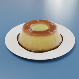 "Procedurally textured milk pudding 3D model with caramel sauce, perfect for sweet dessert renders in Blender 3D. Inspired by Félix Vallotton and rendered in Cycles."