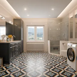 Realistic 3D rendered bathroom interior with intricate lighting and detailed models, optimized for Blender rendering.