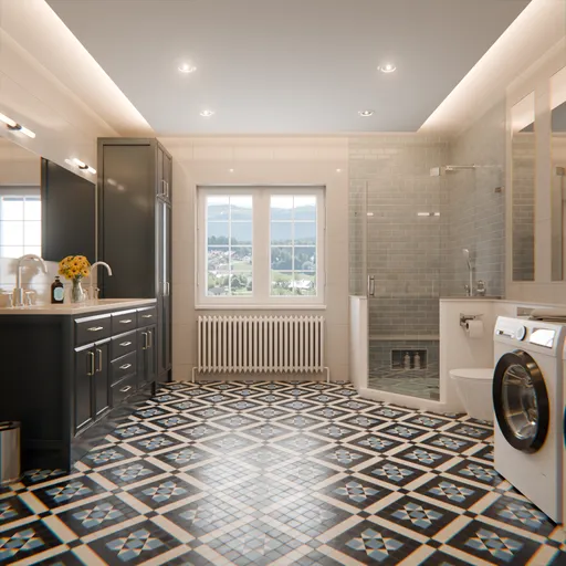 Realistic 3D rendered bathroom interior with intricate lighting and detailed models, optimized for Blender rendering.