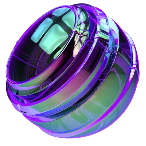 Highly reflective iridescent PBR shader for 3D plastic materials, optimized for Blender, showing color gradients and edge glow.