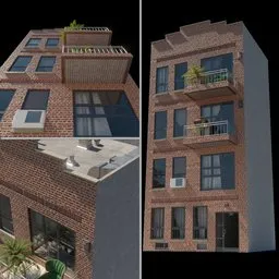 High-resolution 3D Blender model of a brick apartment with detailed textures and balcony elements.