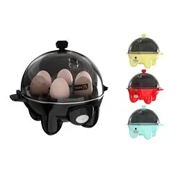Realistic 3D model render of Dash Egg Cooker in black, yellow, red, and blue, optimized for Blender.