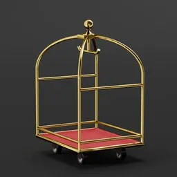 "High-quality 3D model of a hotel luggage cart with sturdy metal construction and ample space for carrying multiple suitcases and bags. Equipped with four rubber wheels for effortless mobility and detailed to provide an accurate and realistic addition to architectural visualization, hospitality, or interior design projects. Created using Blender 3D software."