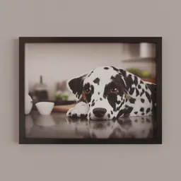 "Painting Number 18: 3D model of a framed photography featuring a cute Dalmatian dog by Ilka Gedő. Perfect for displaying recipes and posters with its detailed expressive faces and 8k depth of view. Created in Blender 3D."
