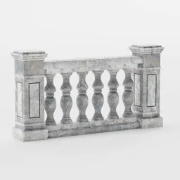 Realistic 3D model of a classical stone balustrade for urban design in Blender, featuring intricate columns and weathered texture.