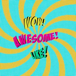 "Procedural text animation with vibrant neon colors, featuring a captivating 'WOW AWESOME LIKE' comic-style text giving a thumbs up in an isometric 3D environment. Set against a yellow and blue background with a spiral pattern and rotating white dots, this Blender 3D model exudes a sense of awe and humor. Perfect for internet memes, comic book-inspired designs, and desktop screenshots."
