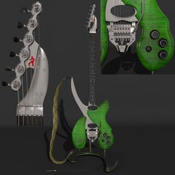 Detailed Blender 3D model showcasing a green electric guitar with Floyd Rose tremolo, Delano pickups, and a Bulldog stand.