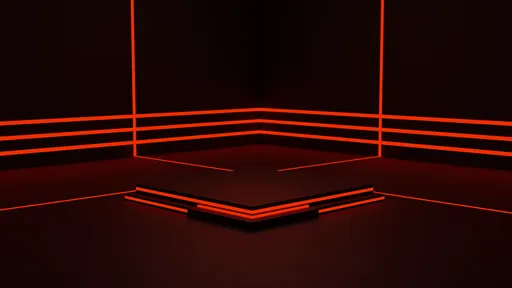 3D-rendered black studio scene with neon highlights for showcasing furniture or products.