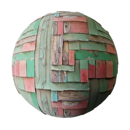 Highly detailed 2K seamless PBR texture of weathered painted wood, ideal for 3D modeling in Blender and game design.