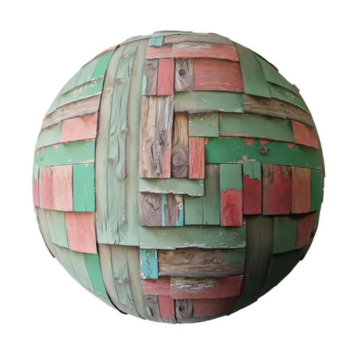 Highly detailed 2K seamless PBR texture of weathered painted wood, ideal for 3D modeling in Blender and game design.
