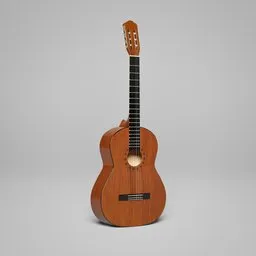 "High quality 3D model of a classical guitar rendered in Blender. Featuring intricate wooden details and a minimalist photorealistic design, this guitar model is perfect for musical instrument enthusiasts and aspiring 3D artists alike."
