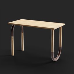 "Modern wooden table with metal frame designed in Blender 3D software. Features crooked legs and flowing lines, inspired by Fibonacci and Dalle 2 reference. Created by Breyten Breytenbach, perfect for any contemporary space."