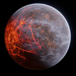 Highly detailed apocalyptic 3D planet model with fiery cracks, compatible with Blender Cycles and EEVEE.