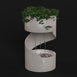 Spiral water fountain 3D model with marble texture and hanging greenery, compatible with Blender's Cycles and Eevee.