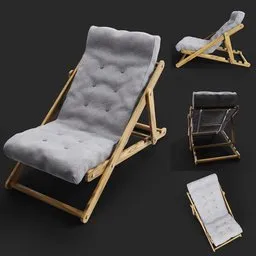 High-quality 3D model of a wooden relaxing chair with soft gray cushioning for Blender rendering.