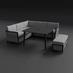 "Corner sofa dining set featuring a 5-seater garden corner sofa, dining table and bench - a 3D model created in Blender 3D. Plush furnishings crafted by Else Alfelt and Marten Post, rendered with corona renderer and carbon fiber details. Checkmate section model perfect for 3D enthusiasts."