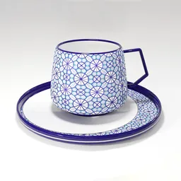 Intricate blue and white tile motif on a Turkish coffee cup 3D model, 6.5cm, ideal for use in Blender.
