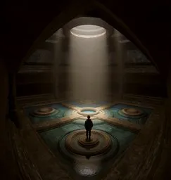 3D-rendered ancient temple interior with person, ornate floors and mystical lighting, suitable for Blender projects.