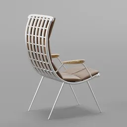 "Brown leather interior armchair 3D model for Blender featuring rhodium wires and leather straps. Official render with a white finish and golden curve characteristics. Created by Pierre Pellegrini and Ash Thorp."