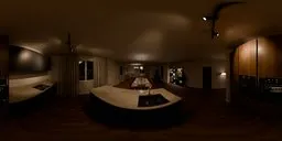 360° HDR panorama of a cozy modern kitchen at night with dining area and adjacent living space.