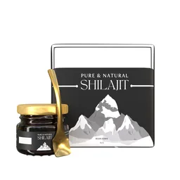 Detailed 3D model of a Shilajit supplement jar with a golden spoon and branded packaging.