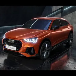 Realistic 3D render of an orange Audi Q3 Sportback, ideal for Blender 3D modeling and animation projects.