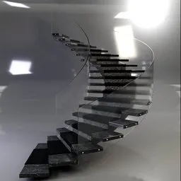 "Black wood and dark marmol semi-circular staircase with glass railing and chromsteel bolts, rendered in Blender 3D. Unique and manly design with hiperrealistic details and 50 well-crafted steps."